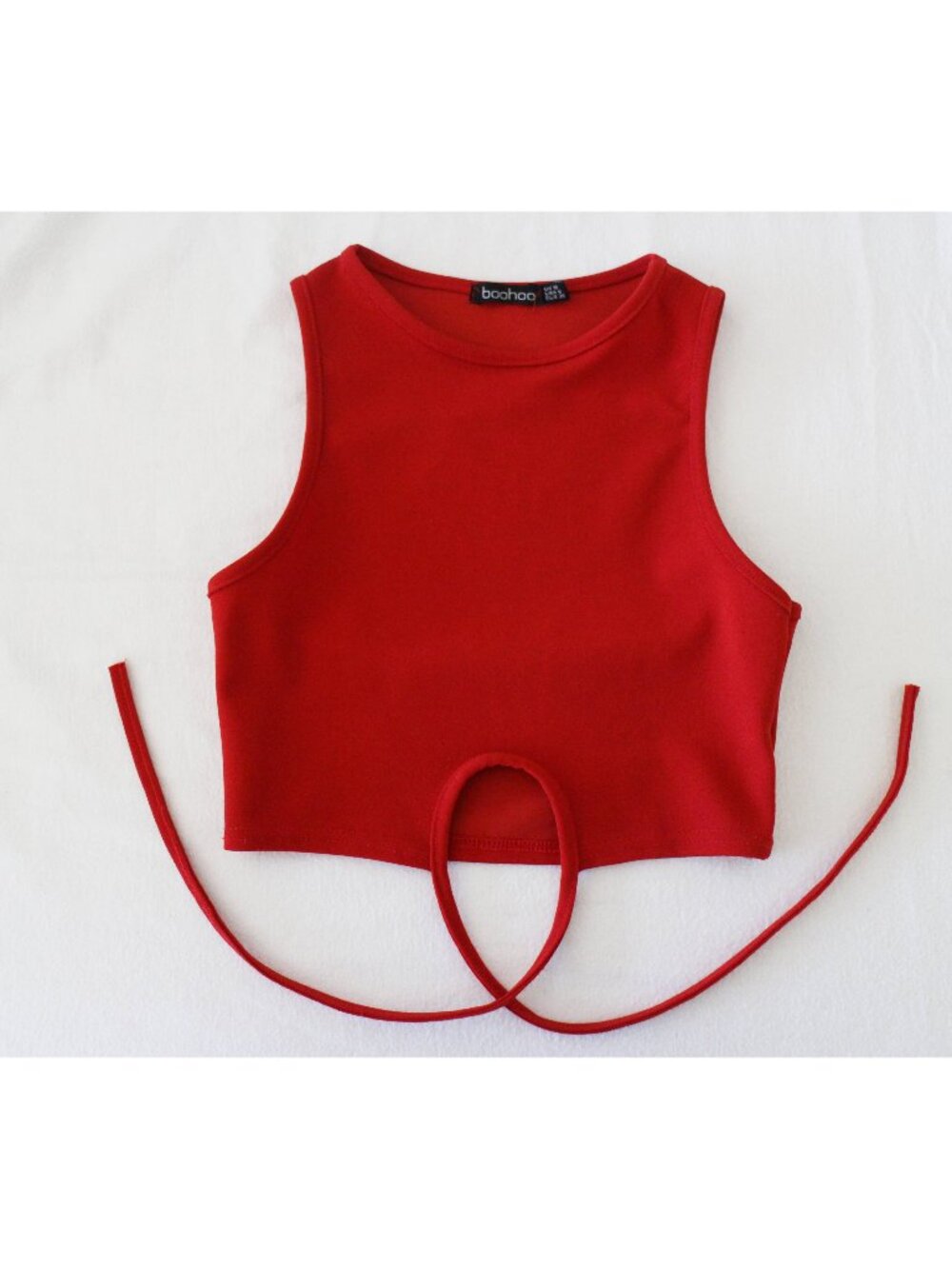 Bamboo Red Sleeveless Y2K Elastic Crop Tank Top With Tie Draw String UK 10 US 6